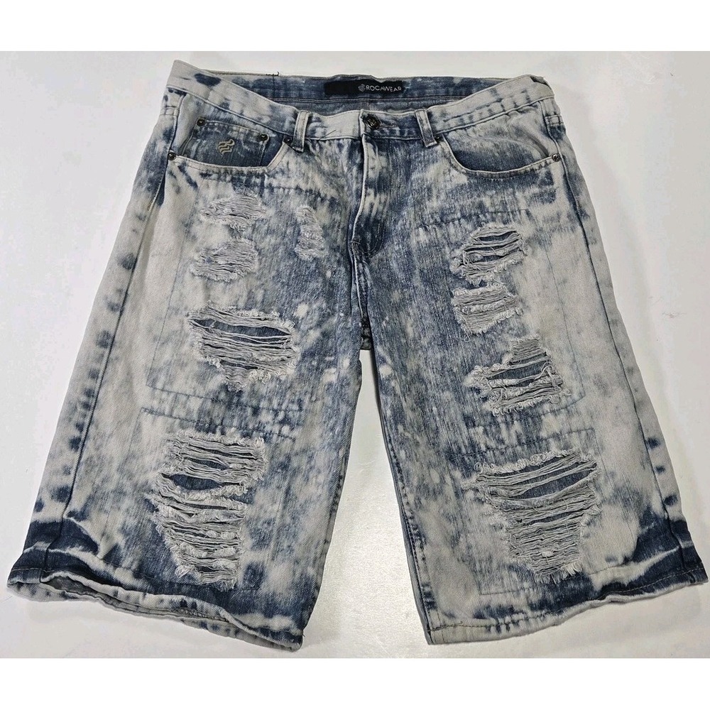 Rocawear Men Distressed Acid Wash Blue Denim Shorts Size 34 Baggy Y2K Jorts
